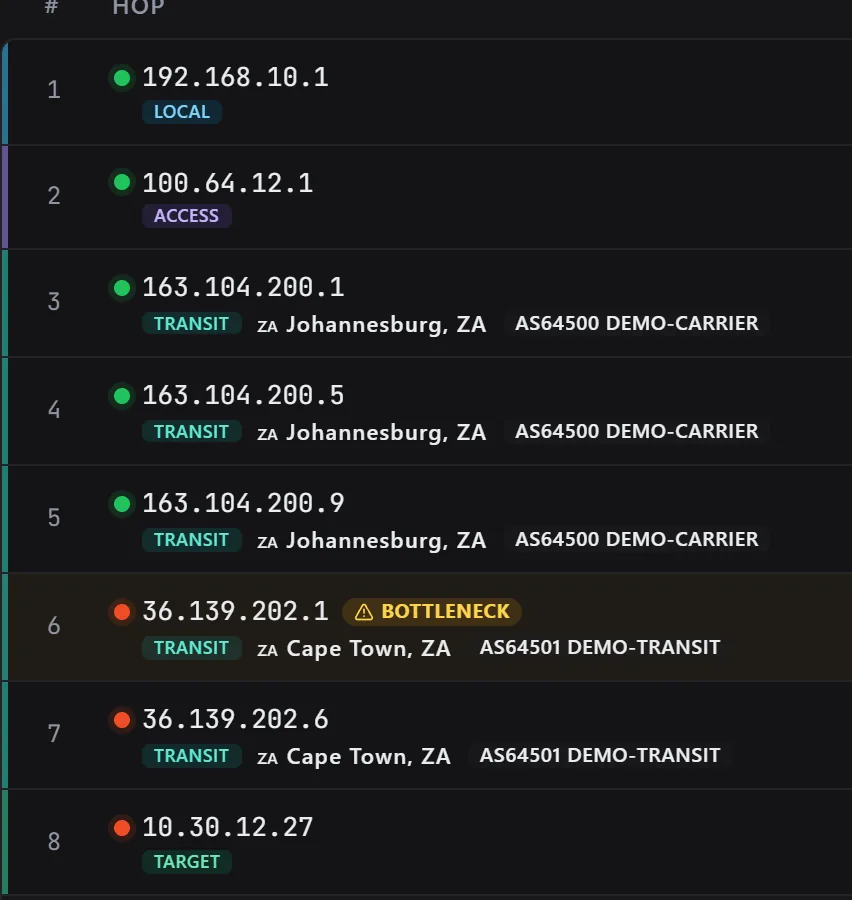 Eight hops of a trace. Hops 1 and 2 are a local router and carrier access, labelled but with no network. Hops 3 to 5 are in Johannesburg on AS64500 DEMO-CARRIER. Hops 6 and 7 are in Cape Town on AS64501 DEMO-TRANSIT. Hop 8 is the target.